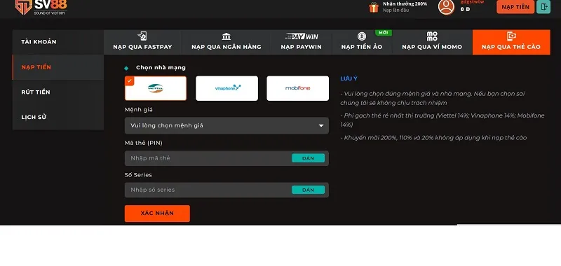 nạp SV88 qua thẻ cào
