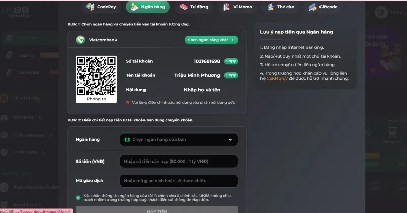 nạp UK88 qua ngân hàng