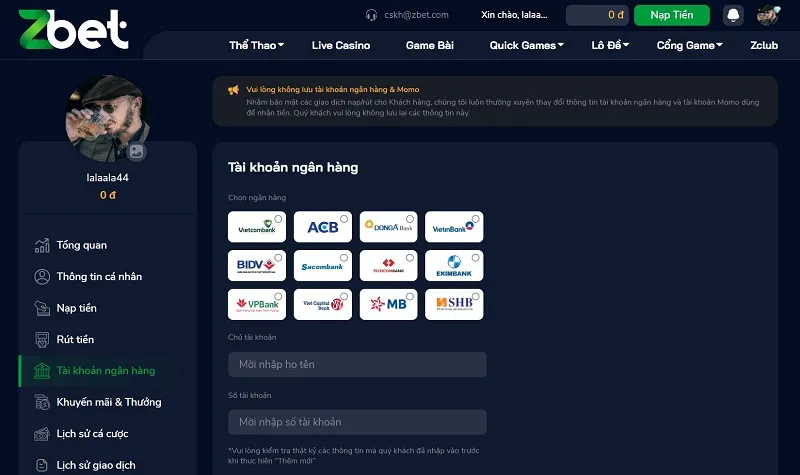 rút tiền Zbet về ngân hàng